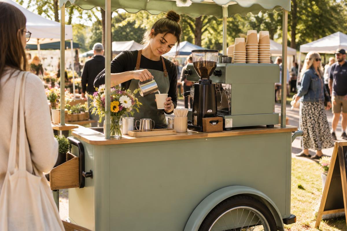 An owner serving coffee from a mobile espresso cart at an outdoor market
